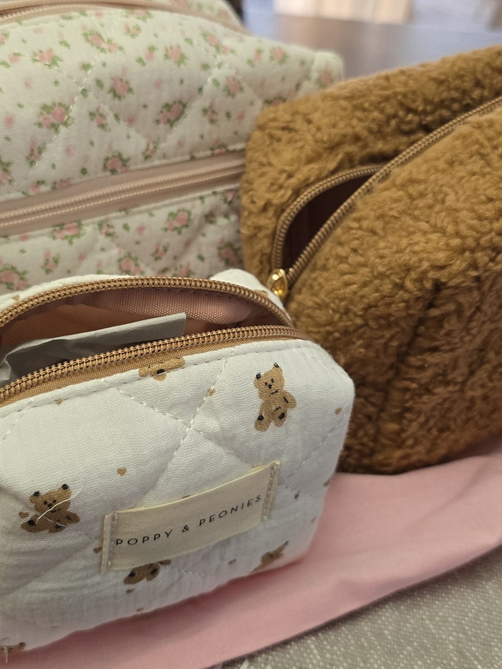 Poppy & Peonies Cream Quilted Trio Cosmetic Pouch with Teddy Bear Print.-BNWT